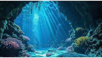 Underwater Grotto Aquarium Background: Coral Reef Vinyl Decor (72x24")
