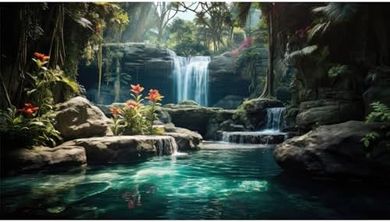 Tropical Forest Waterfall Aquarium Background (24x16in Vinyl)
