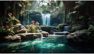 Tropical Forest Waterfall Aquarium Background (24x16in Vinyl)