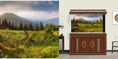 Durable Polyester Reptile Habitat Background: Blue Sky, Mountain, Pine, Grass